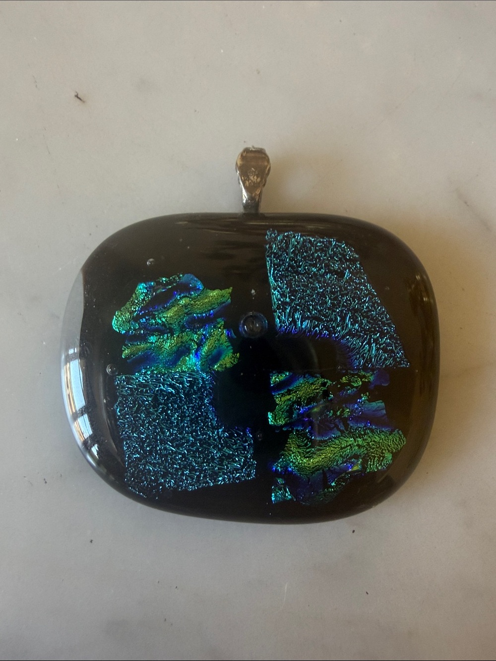 Handmade Dichroic Glass Pendant - Deep Black with Blue-Green Flashes (Necklace)
